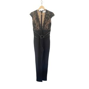 Miss Circle Black Lace Plunging V-Neckline Cap Sleeve Sexy Jumpsuit size L
